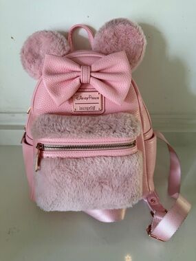 Disney Parks Loungefly Minnie Mouse Pink Faux Fur Mini Backpack